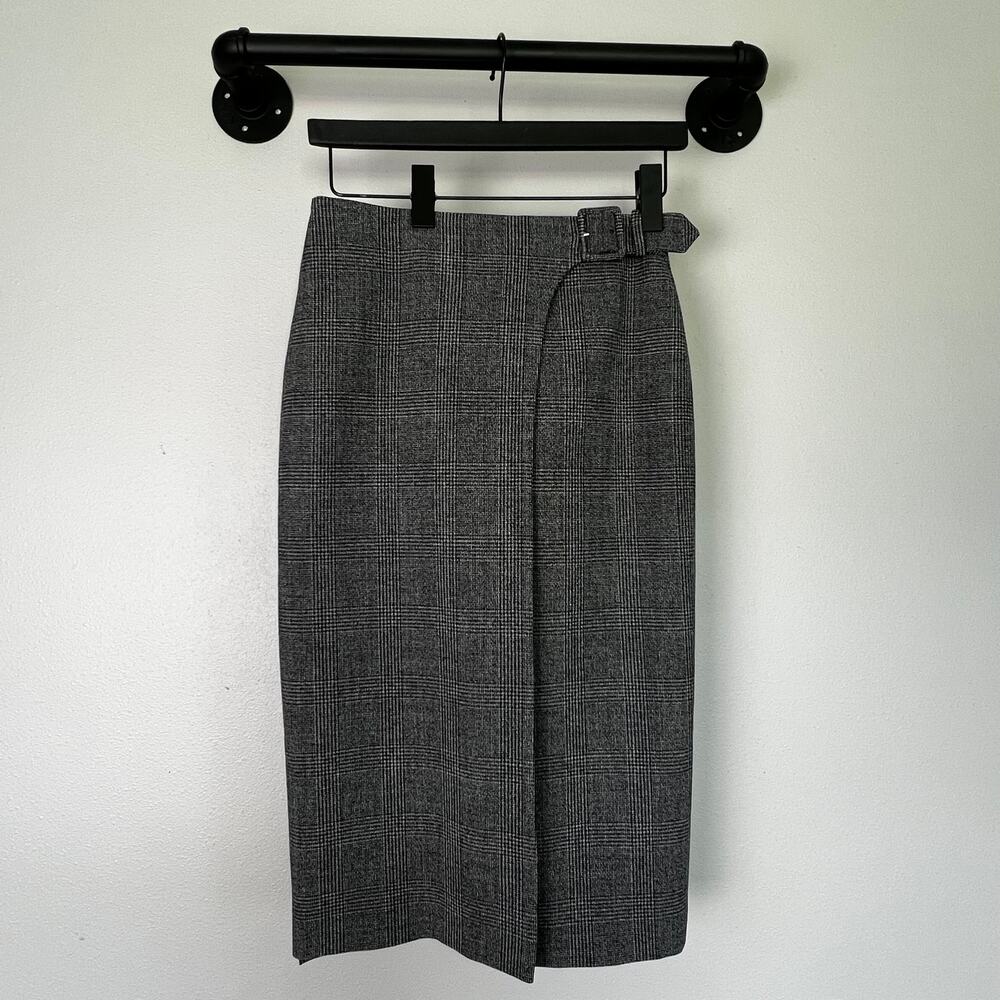 BOSS Gray Glen Plaid Belted Faux Wrap Pencil Skirt Dark Academia Corporate SZ 0